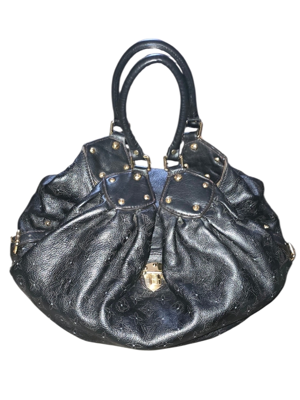 Authentic Louis Vuitton Mahina Black Leather Satchel Handbag with Gold Accents